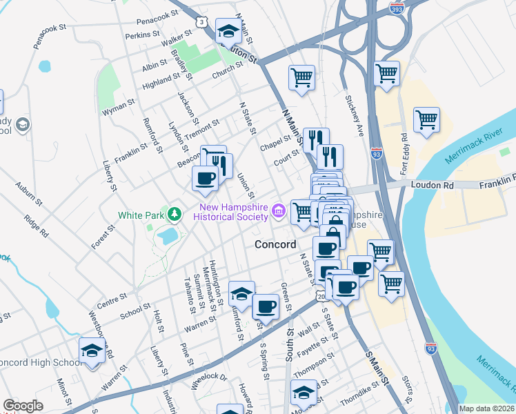 map of restaurants, bars, coffee shops, grocery stores, and more near 3 Union Street in Concord