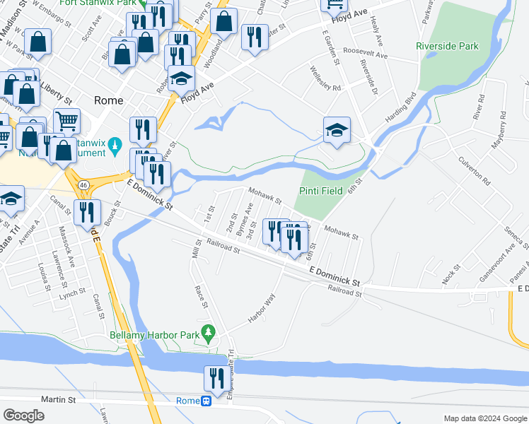 map of restaurants, bars, coffee shops, grocery stores, and more near 115 3rd Street in Rome