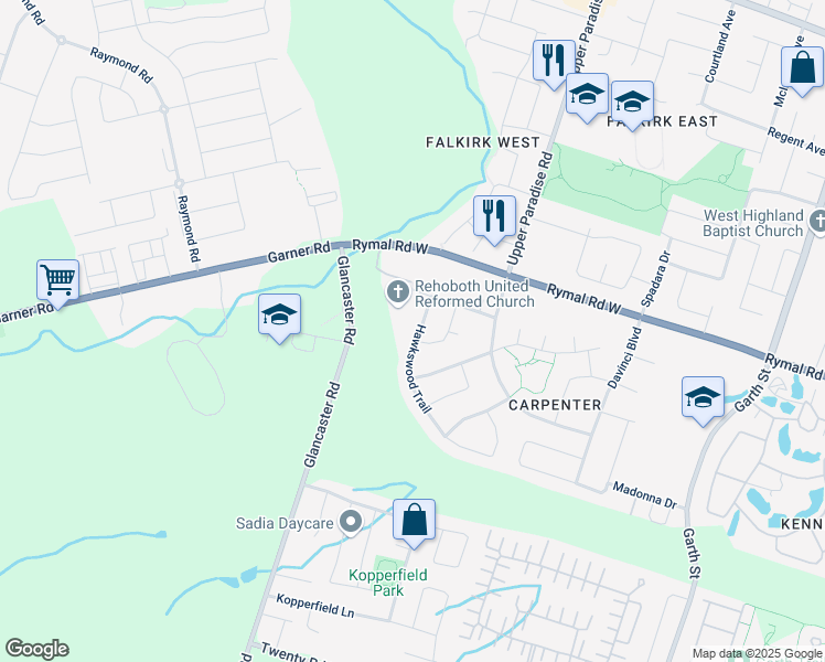 map of restaurants, bars, coffee shops, grocery stores, and more near 61 Coopershawk Crescent in Hamilton