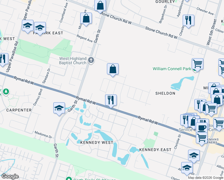map of restaurants, bars, coffee shops, grocery stores, and more near 44 Matteo Trail in Hamilton
