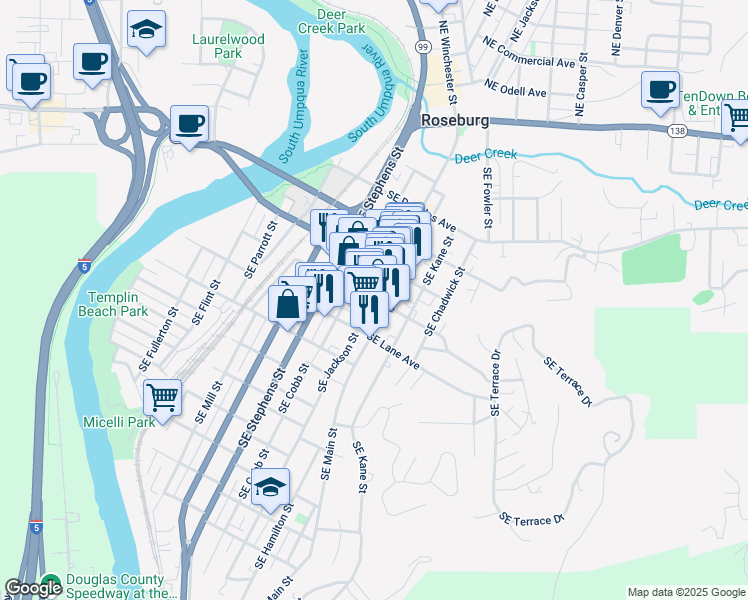 map of restaurants, bars, coffee shops, grocery stores, and more near 700 Southeast Jackson Street in Roseburg