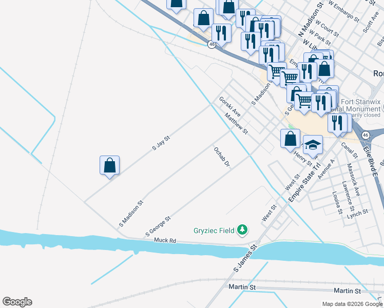map of restaurants, bars, coffee shops, grocery stores, and more near 600-698 South Madison Street in Rome