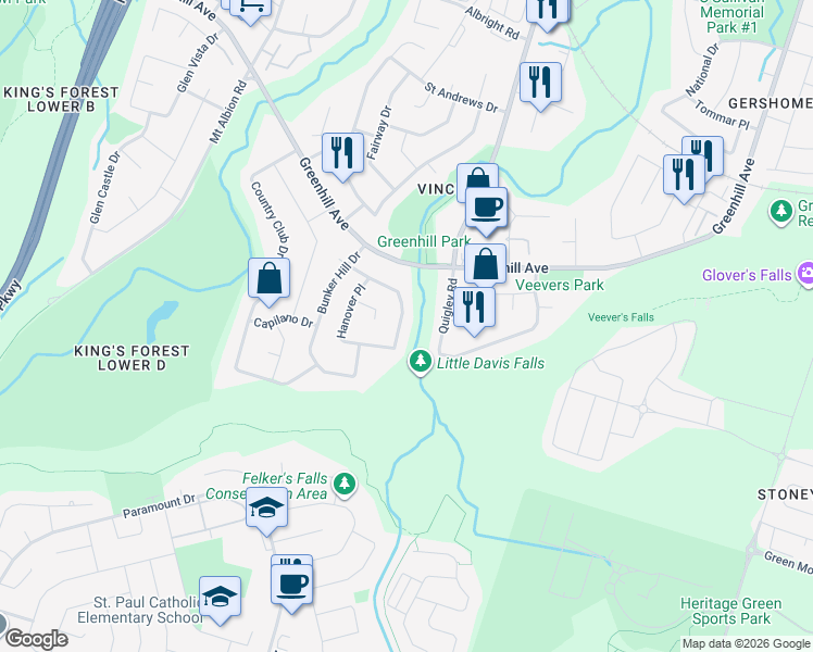 map of restaurants, bars, coffee shops, grocery stores, and more near 75 Hanover Place in Hamilton