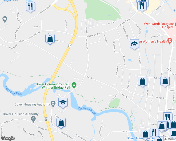 map of restaurants, bars, coffee shops, grocery stores, and more near 28 Whittier Street in Dover