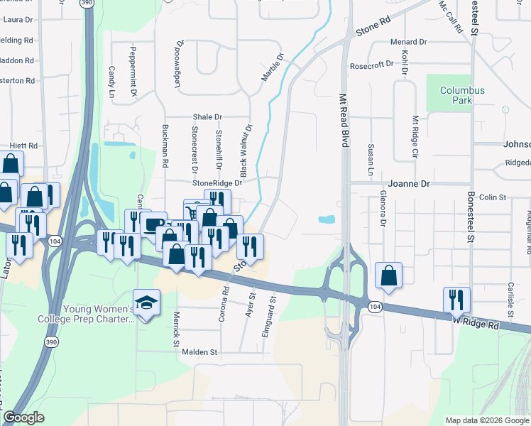 map of restaurants, bars, coffee shops, grocery stores, and more near 1748 Stone Road in Rochester