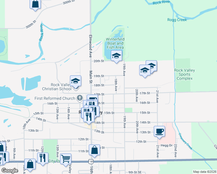 map of restaurants, bars, coffee shops, grocery stores, and more near 1701-1799 17th Street in Rock Valley