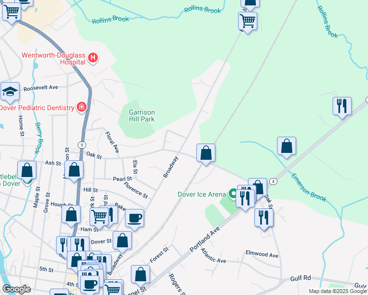 map of restaurants, bars, coffee shops, grocery stores, and more near 100 Oak Street in Rollinsford