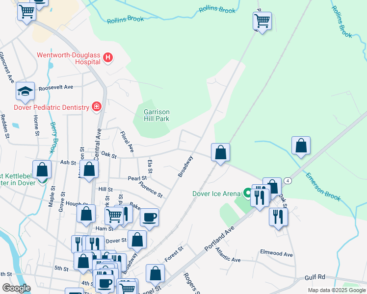 map of restaurants, bars, coffee shops, grocery stores, and more near 138 Broadway in Dover