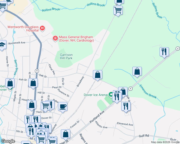 map of restaurants, bars, coffee shops, grocery stores, and more near 106 Oak Street in Rollinsford