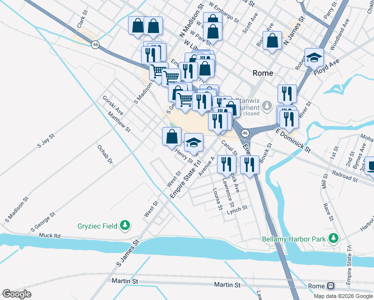 map of restaurants, bars, coffee shops, grocery stores, and more near 1959 West Street in Rome