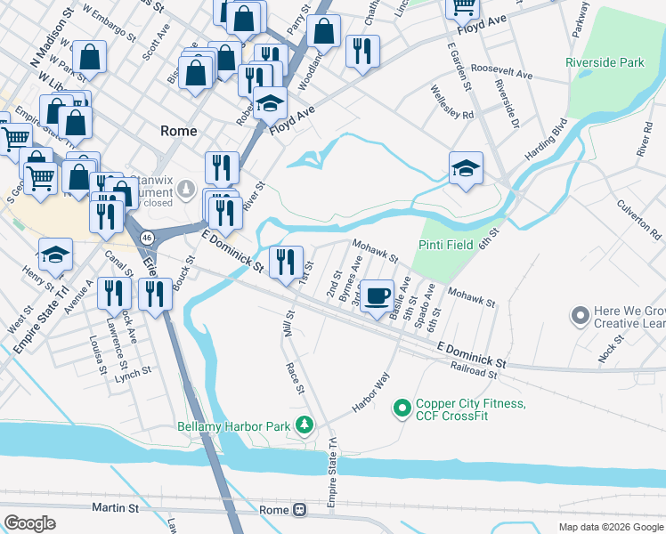 map of restaurants, bars, coffee shops, grocery stores, and more near 113 2nd Street in Rome