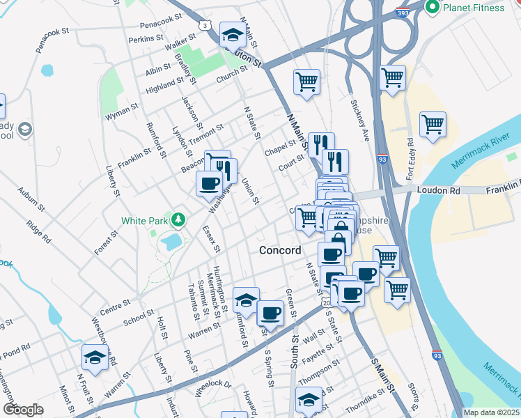 map of restaurants, bars, coffee shops, grocery stores, and more near 3 Union Street in Concord