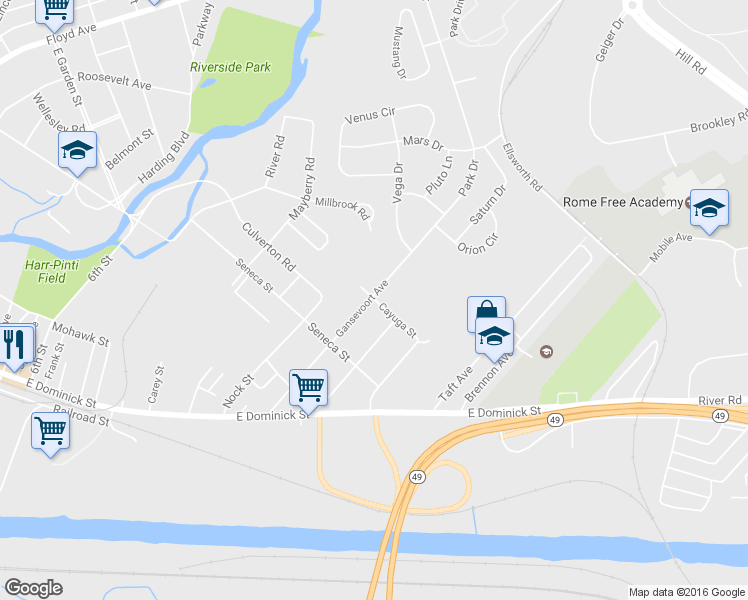 map of restaurants, bars, coffee shops, grocery stores, and more near 1012 Cayuga Street in Rome