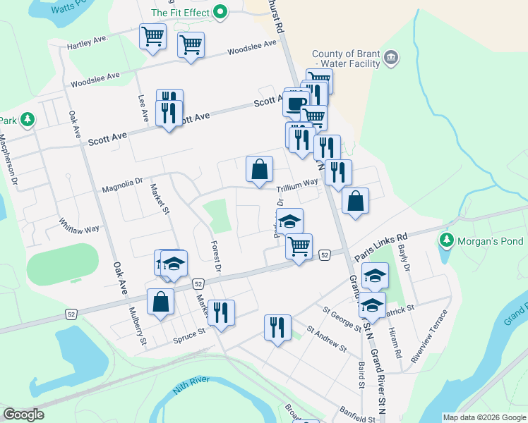 map of restaurants, bars, coffee shops, grocery stores, and more near 30 Maple Crescent in Brant