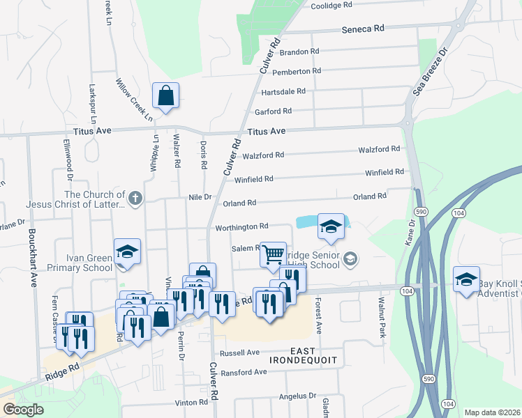 map of restaurants, bars, coffee shops, grocery stores, and more near 178 Worthington Road in Irondequoit