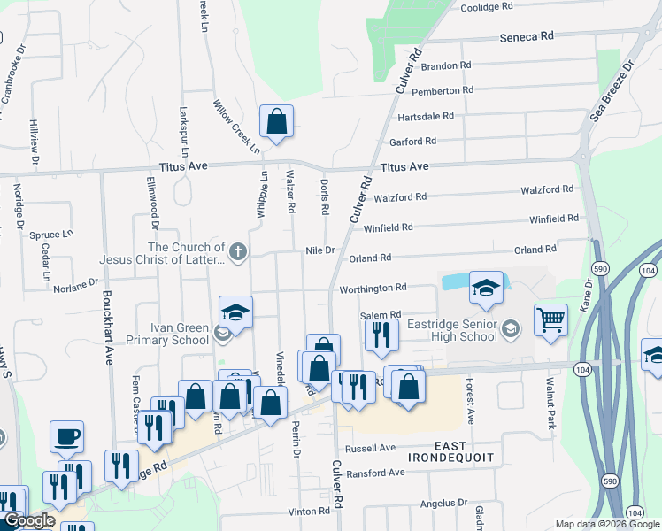 map of restaurants, bars, coffee shops, grocery stores, and more near 3225 County Road 120 in Rochester