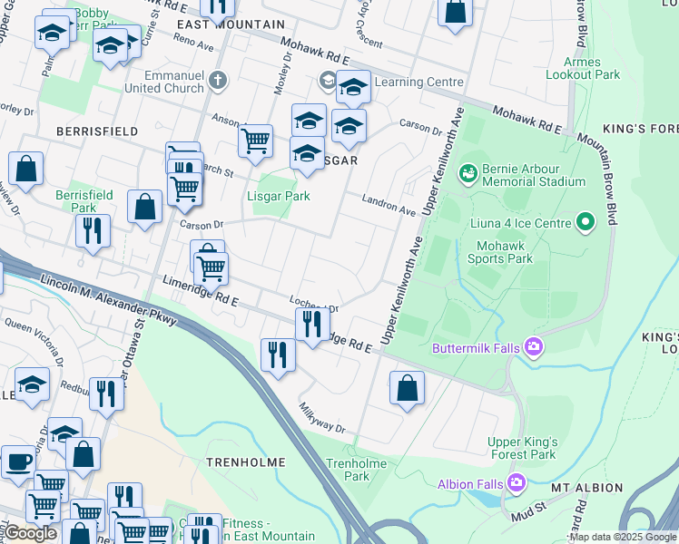 map of restaurants, bars, coffee shops, grocery stores, and more near 33 Embassy Drive in Hamilton