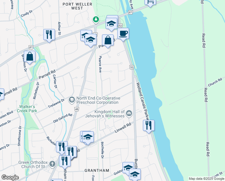 map of restaurants, bars, coffee shops, grocery stores, and more near 41 Beamer Avenue in St. Catharines