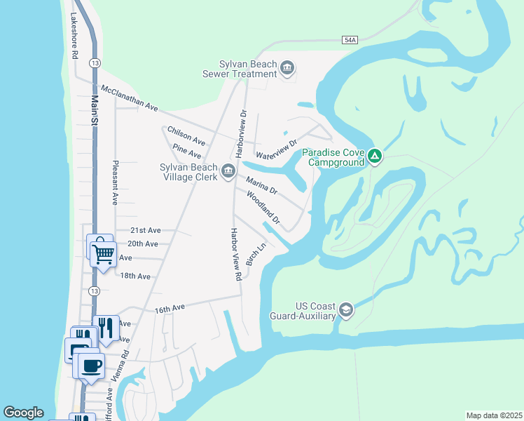 map of restaurants, bars, coffee shops, grocery stores, and more near 920 Woodland Drive in Blossvale