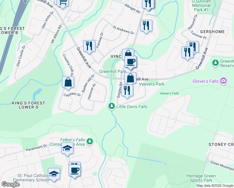 map of restaurants, bars, coffee shops, grocery stores, and more near 426 Quigley Road in Hamilton