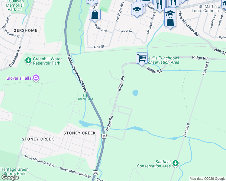 map of restaurants, bars, coffee shops, grocery stores, and more near 57 Ridge Road in Hamilton