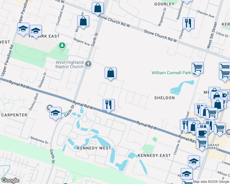 map of restaurants, bars, coffee shops, grocery stores, and more near 23 Matteo Trail in Hamilton