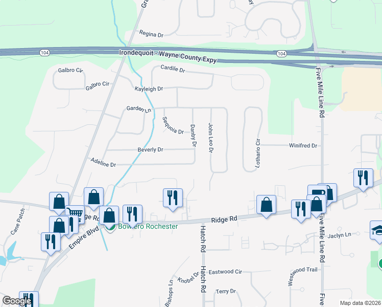 map of restaurants, bars, coffee shops, grocery stores, and more near 671 Adeline Drive in Webster