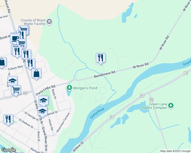 map of restaurants, bars, coffee shops, grocery stores, and more near 139 Paris Links Road in Brant