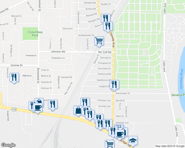map of restaurants, bars, coffee shops, grocery stores, and more near 140 Parkwood Road in Rochester