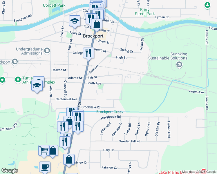 map of restaurants, bars, coffee shops, grocery stores, and more near 76 South Avenue in Brockport