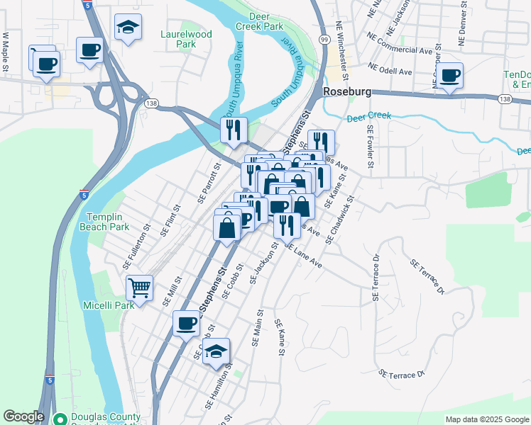 map of restaurants, bars, coffee shops, grocery stores, and more near 774 Southeast Rose Street in Roseburg