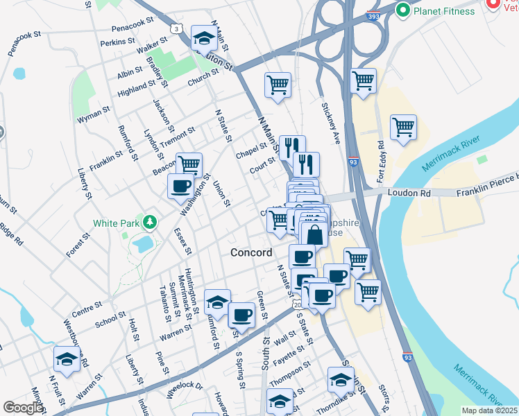 map of restaurants, bars, coffee shops, grocery stores, and more near 30 Park Street in Concord