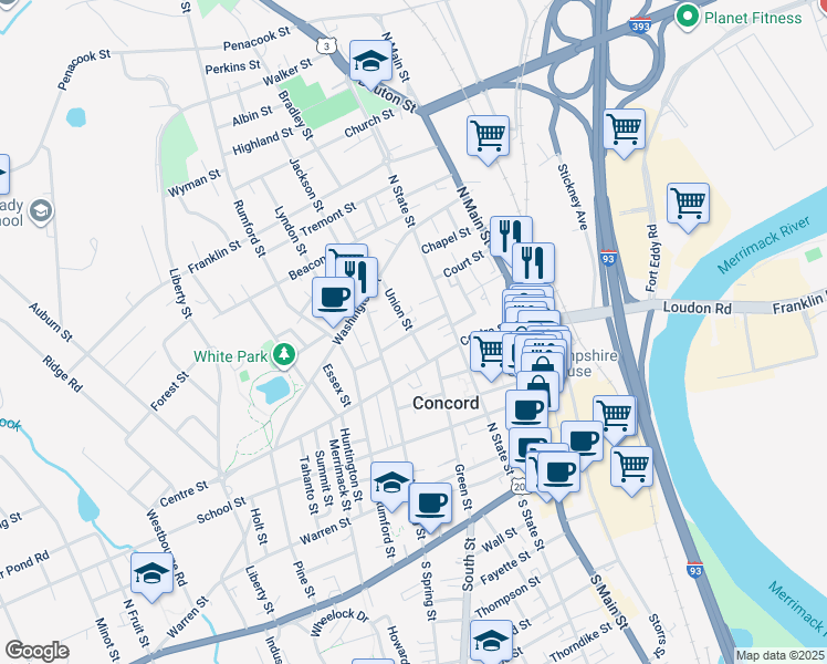 map of restaurants, bars, coffee shops, grocery stores, and more near 3 Union Street in Concord