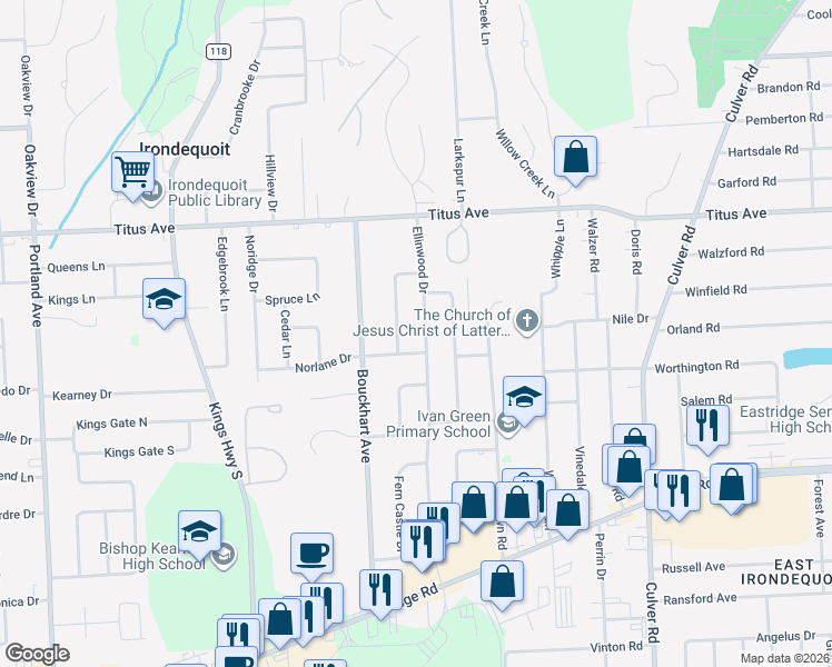 map of restaurants, bars, coffee shops, grocery stores, and more near 65 Panaview Drive in Irondequoit
