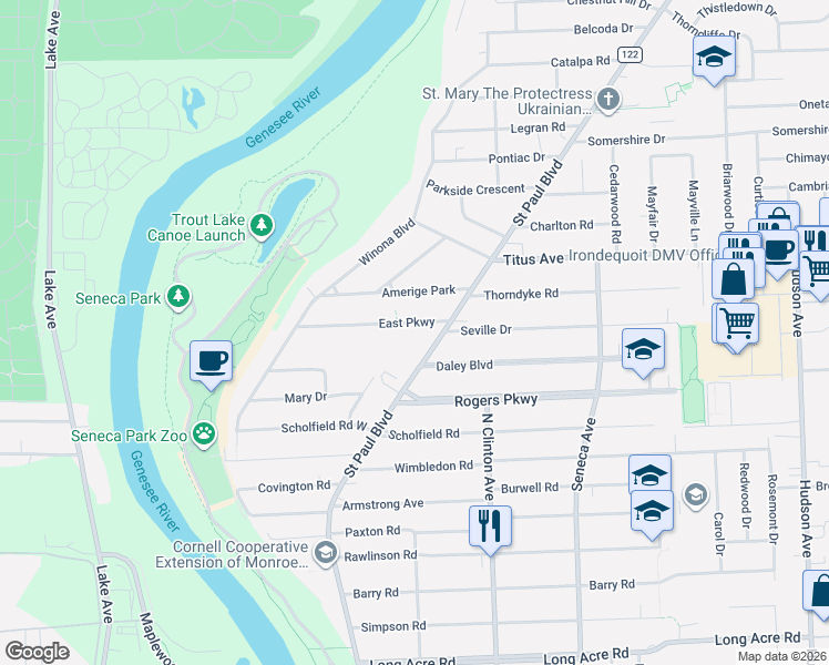 map of restaurants, bars, coffee shops, grocery stores, and more near 2775 Saint Paul Boulevard in Rochester