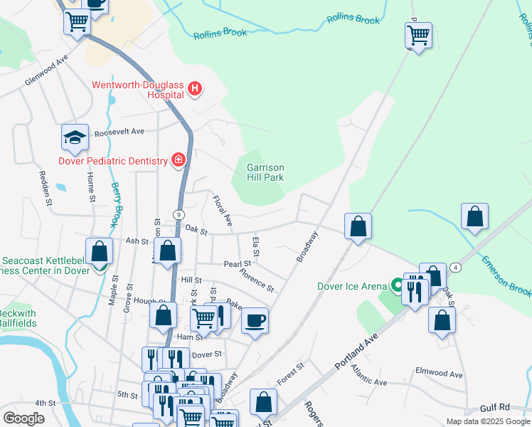 map of restaurants, bars, coffee shops, grocery stores, and more near 42 High Ridge Drive in Dover