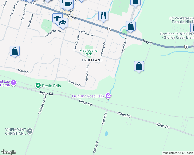map of restaurants, bars, coffee shops, grocery stores, and more near 46 Orr Crescent in Hamilton
