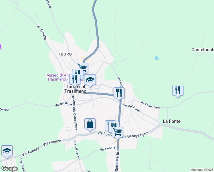 map of restaurants, bars, coffee shops, grocery stores, and more near 33 Viale Console Flaminio in Tuoro Sul Trasimeno