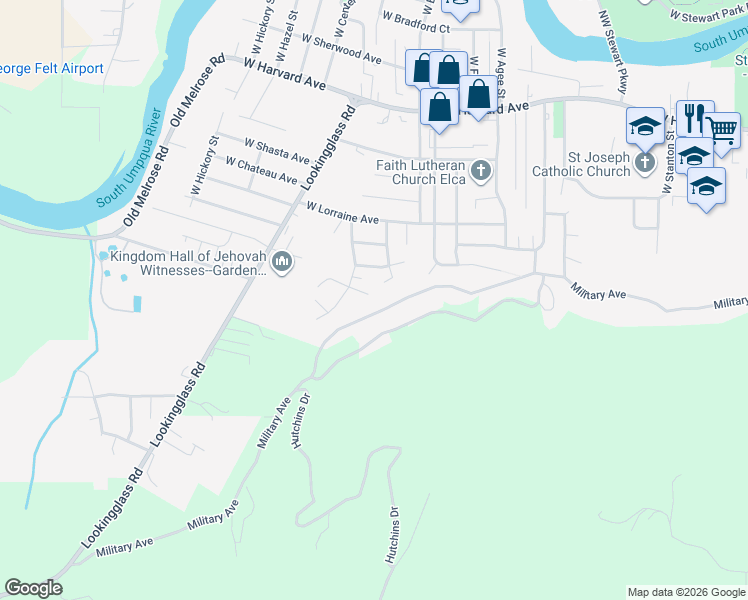 map of restaurants, bars, coffee shops, grocery stores, and more near 2837 Sprague Court in Roseburg