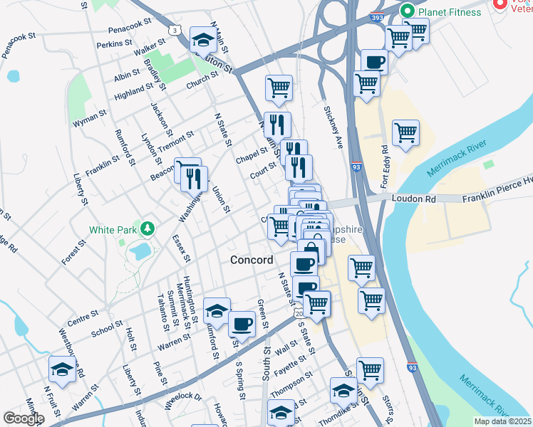 map of restaurants, bars, coffee shops, grocery stores, and more near 50 North State Street in Concord