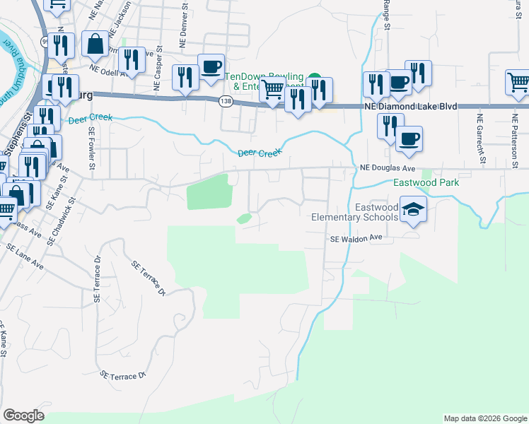 map of restaurants, bars, coffee shops, grocery stores, and more near 471 Southeast Leland Street in Roseburg