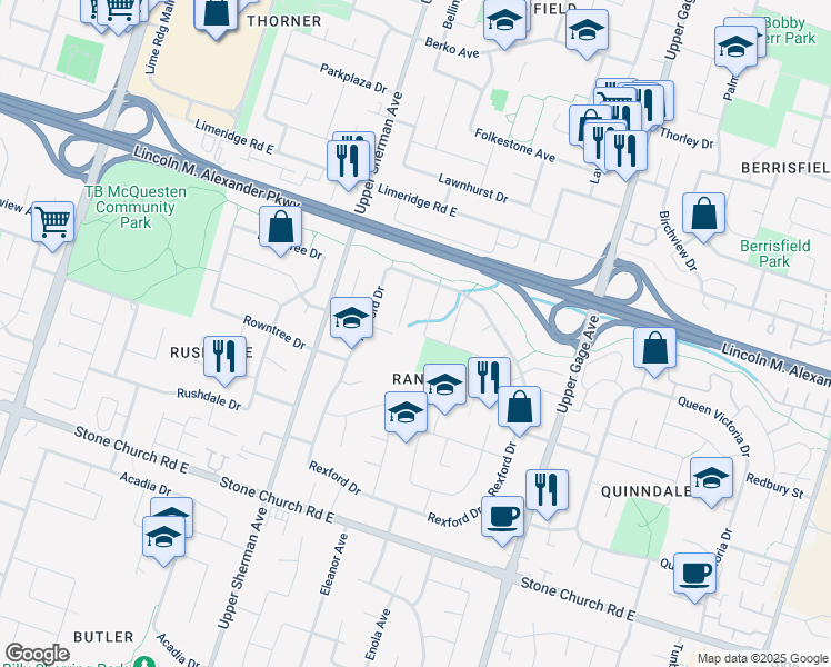 map of restaurants, bars, coffee shops, grocery stores, and more near 35 Millpond Place in Hamilton