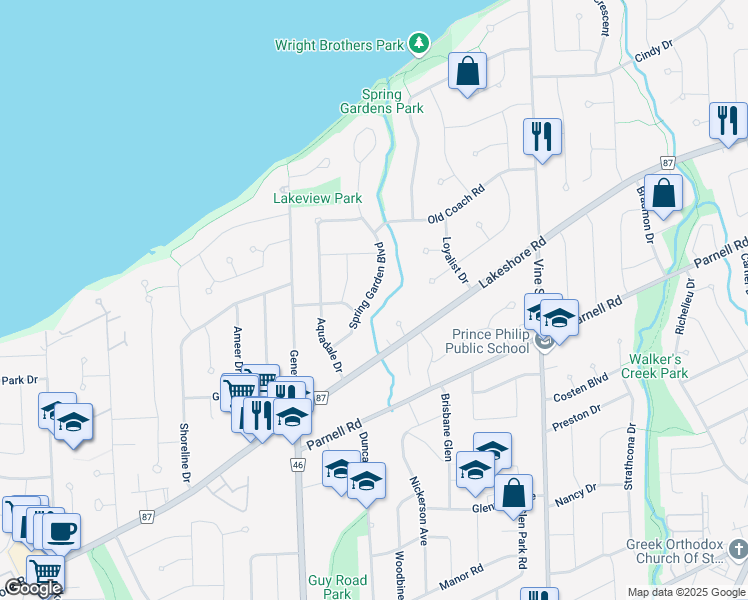 map of restaurants, bars, coffee shops, grocery stores, and more near 20 Spring Garden Boulevard in Saint Catharines