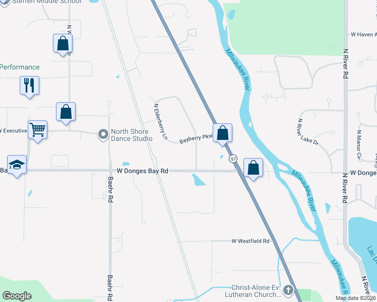 map of restaurants, bars, coffee shops, grocery stores, and more near 5341 Bayberry Parkway in Mequon