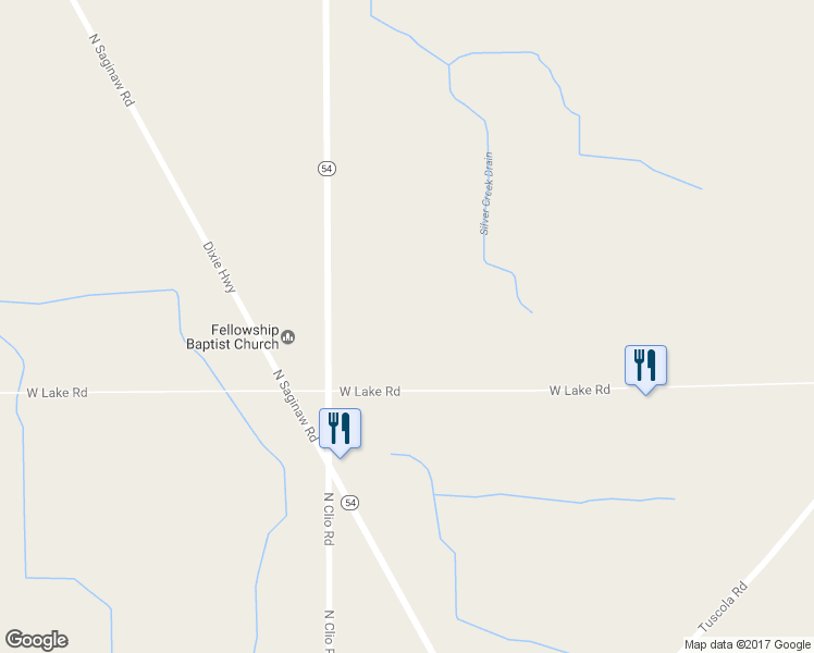 map of restaurants, bars, coffee shops, grocery stores, and more near 2438 West Lake Road in Clio