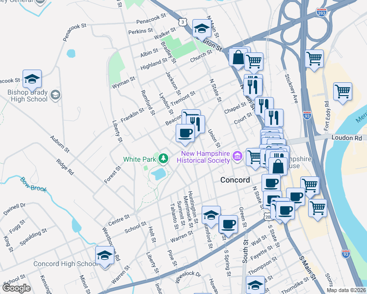 map of restaurants, bars, coffee shops, grocery stores, and more near 5 1/2 Lyndon Street in Concord