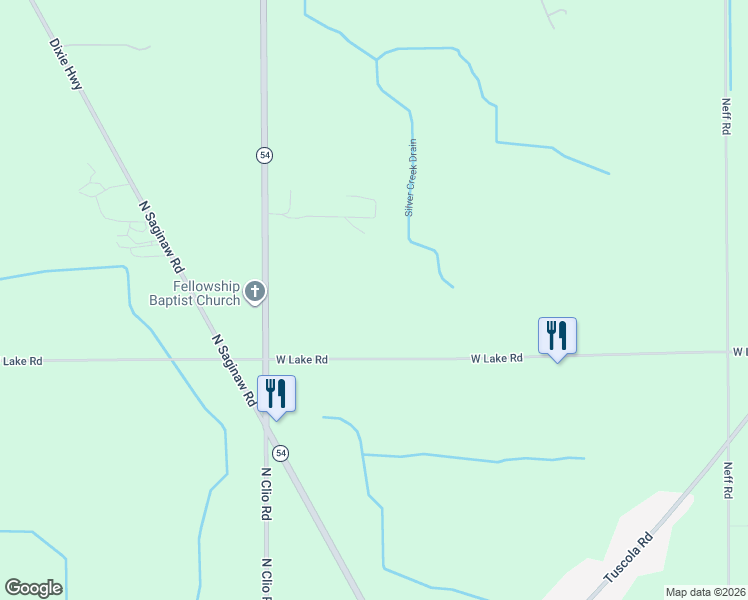 map of restaurants, bars, coffee shops, grocery stores, and more near 2406 West Lake Road in Clio