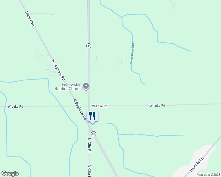 map of restaurants, bars, coffee shops, grocery stores, and more near 2438 West Lake Road in Clio