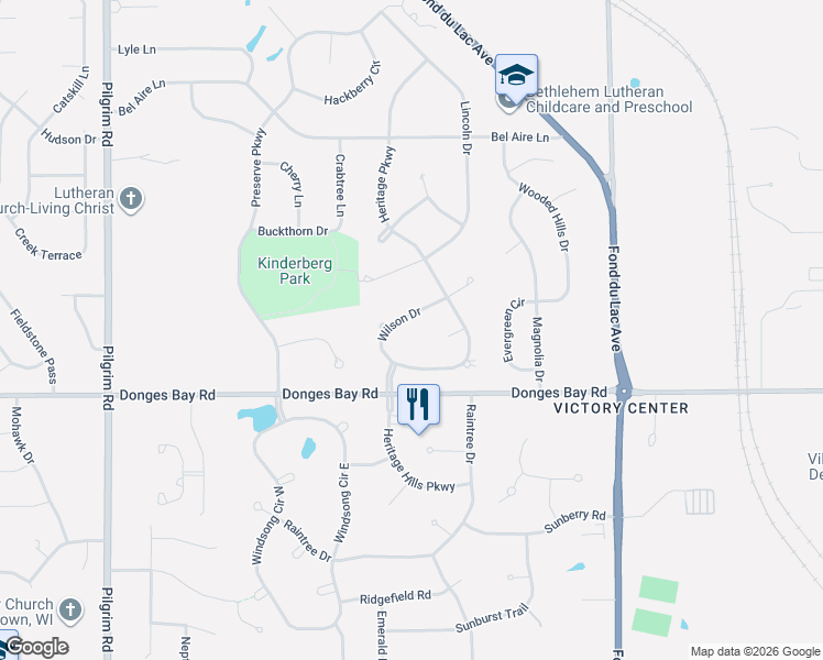 map of restaurants, bars, coffee shops, grocery stores, and more near N105W14571 Wilson Drive in Germantown
