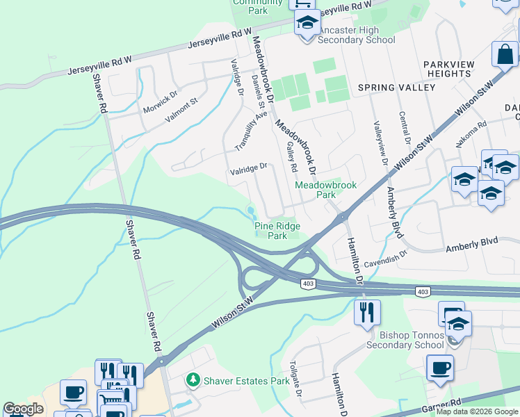 map of restaurants, bars, coffee shops, grocery stores, and more near 483 Valridge Drive in Hamilton